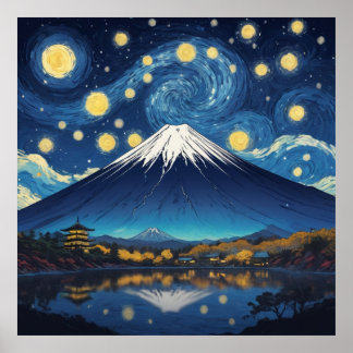 Poster mount fuji at starry night