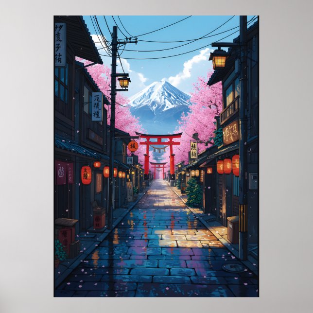 Poster Mount Fuji Cherry Blossom Street Japanese Torii (Frente)
