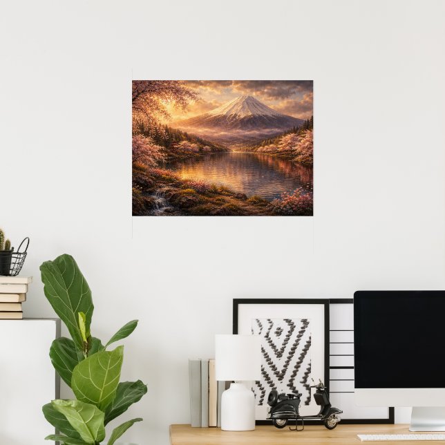 Poster Mount Fuji & Cherry Blossoms Oil Art (Escritório em casa)