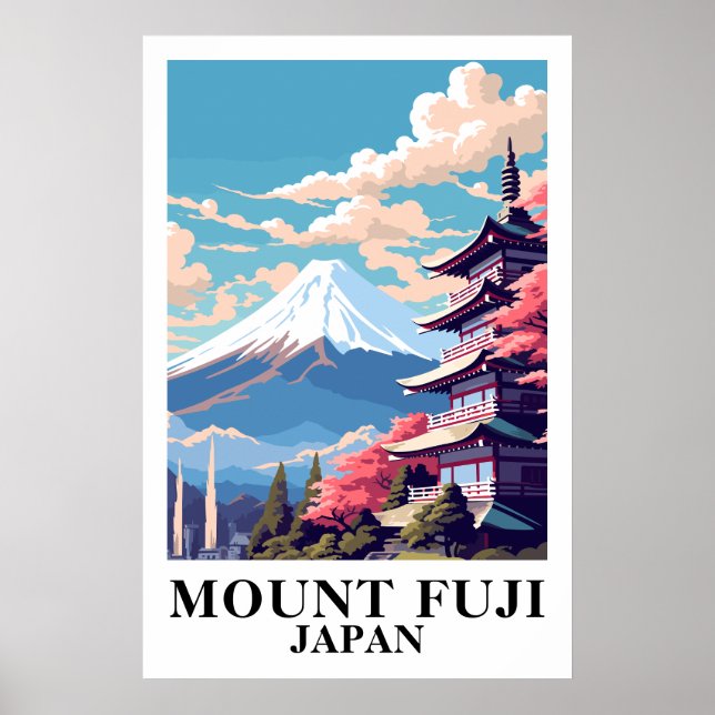 Poster Mount Fuji Japan Vintage Travel Pagoda Art  (Frente)