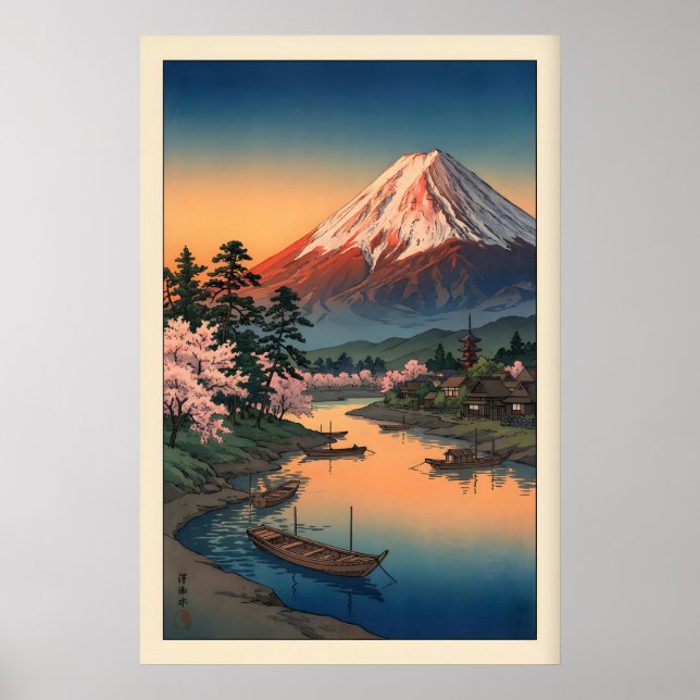 Poster Mount Fuji Sunset Print - Dusky Sky, Mirror-Like (Frente)