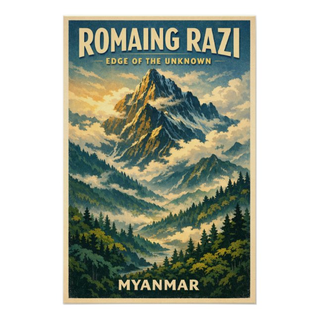 Pôster Mount Romaing Razi, Myanmar retro travel (Frente)
