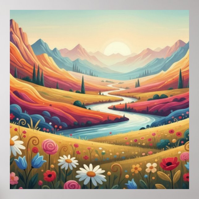 Poster Mountain Dreamscape: Valley of Vibrant Bloom (Frente)