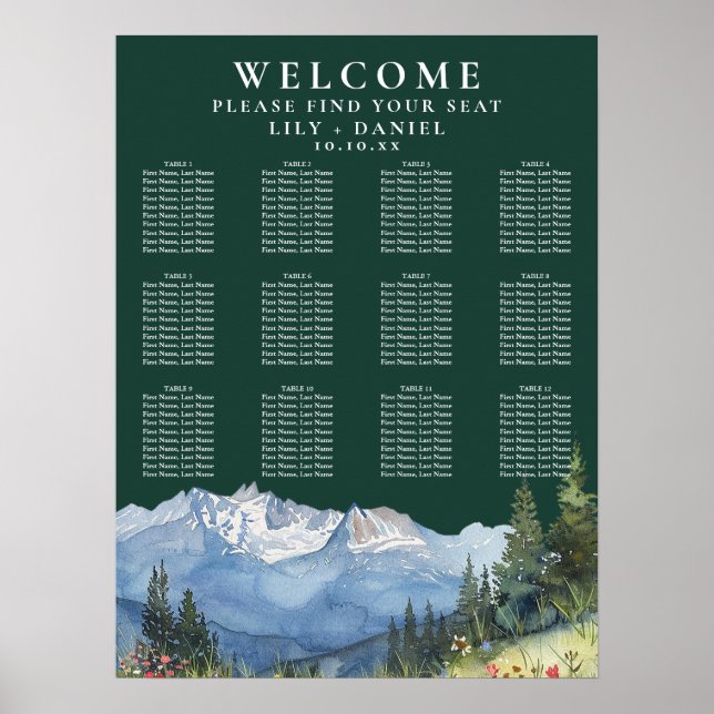Poster Mountain Floral Emerald Wedding Seating Chart (Frente)