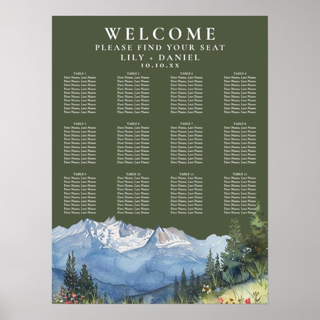 Poster Mountain Floral Olive Green Wedding Seating Chart (Frente)