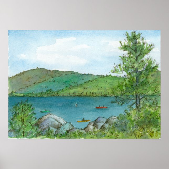 Poster Mountain Lake Kayaking Watercolor Arte (Frente)