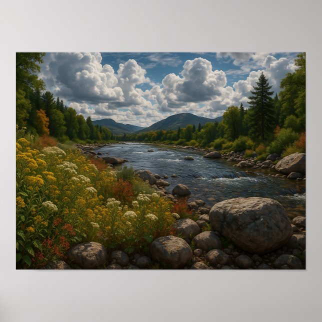 Poster Mountain River Wildflowers Landscape  (Frente)