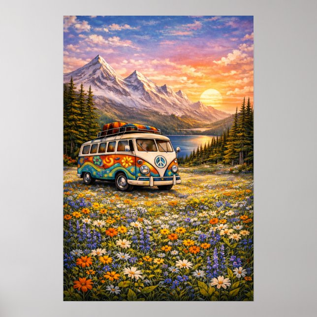 Poster Mountain Sunset Wildflowers Retro Hippie Van Art (Frente)