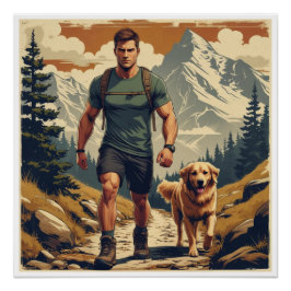 Pôster Mountain Trail Hiker & Dog Adventure Illustration