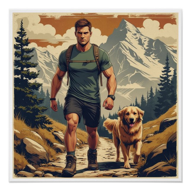 Pôster Mountain Trail Hiker & Dog Adventure Illustration (Frente)
