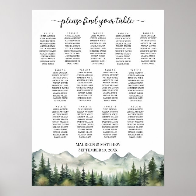 Poster Mountains and Pines 13 Tables Wedding Seating (Frente)