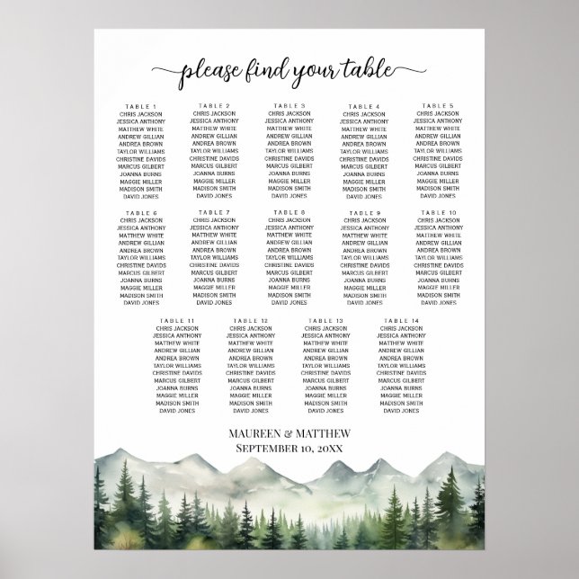 Poster Mountains and Pines 14 Tables Wedding Seating (Frente)