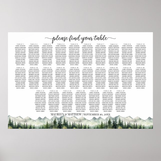 Poster Mountains and Pines 27 Tables Wedding Seating (Frente)