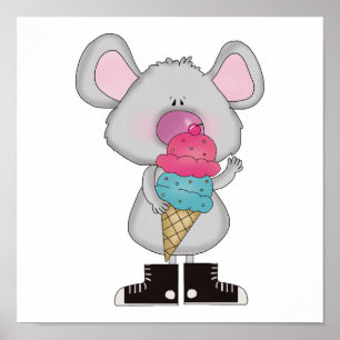 Pôster mouse bonito com cone de sorvete