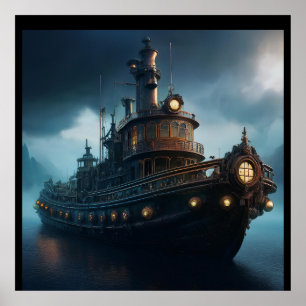 Poster Mousepad de Rebocador Steampunk em um Dia Nublado