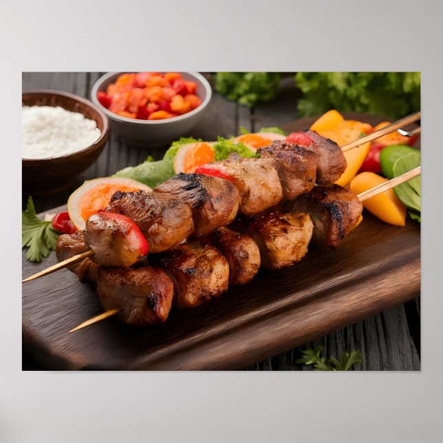 Poster Mouthwatering Shish Kebab com legumes (Frente)