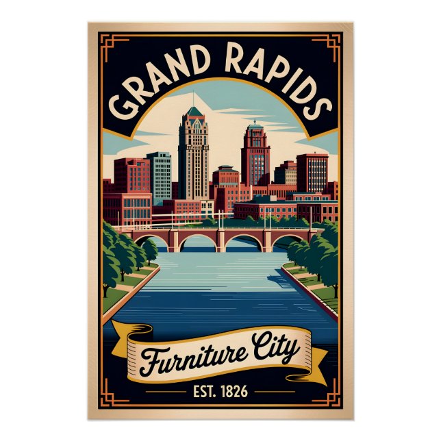 Pôster Móveis Antigos Grand Rapids Michigan Cidade Retro (Frente)