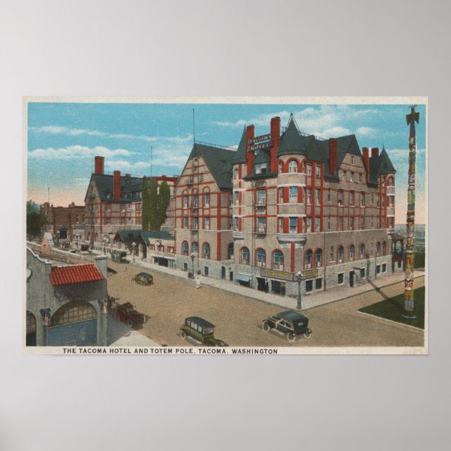 Pôster Mt. Rainier, WA - Vista do Hotel Tacoma e (Frente)