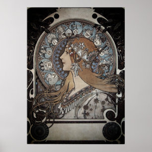 Poster Mucha Art Nouveau Mulher Vintage Posto Zodiac Fran