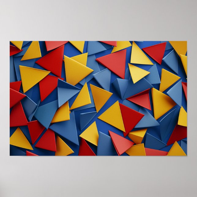 Poster Muitos triângulos em vermelho, amarelo e azul (Frente)