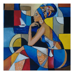 Pôster Mulher Africana pelo Mar Cubismo Abstrato Brilhant