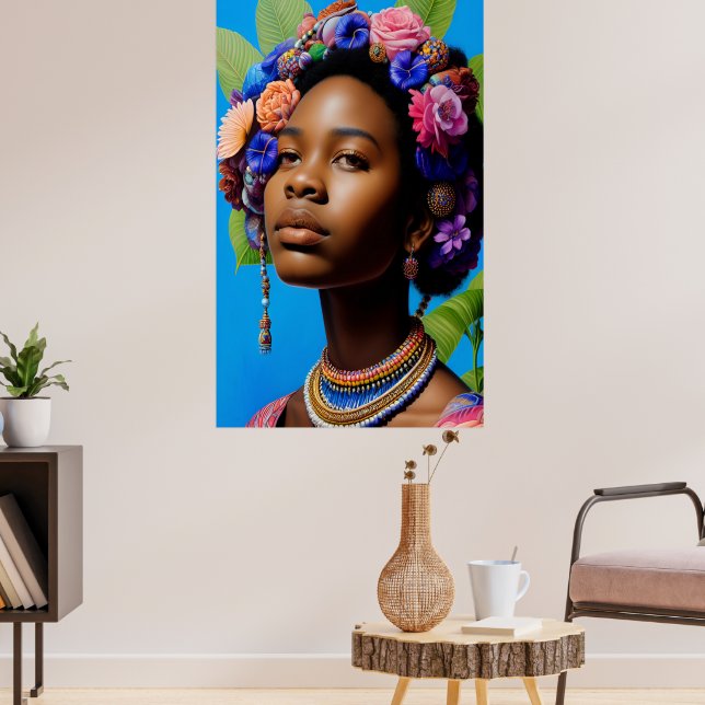 Poster Mulher africana tribal com flores no cabelo (Sala de Estar 3)