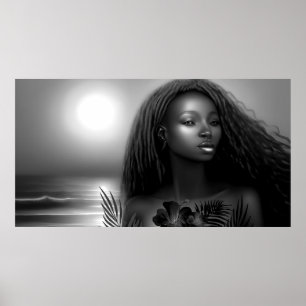 Poster mulher afro-americana praia luar Monocromático 