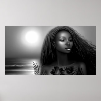 Poster Mulher afro-americana praia luar Monocromático