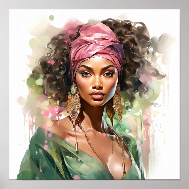 Poster Mulher afro-americana rosa e verde (Frente)