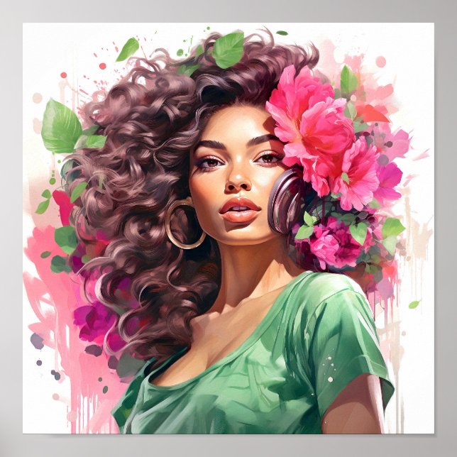 Poster Mulher afro-americana rosa e verde (Frente)
