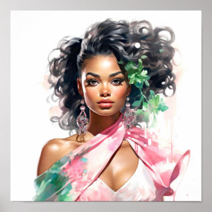 Poster Mulher afro-americana rosa e verde
