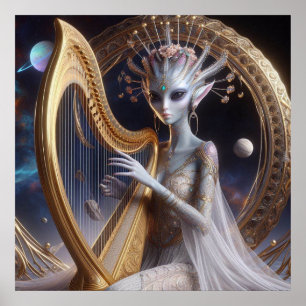 Poster Mulher Alienigena Espacial Bonita Tocando Harpa