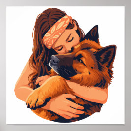 Poster Mulher Amorosa Abraçando Cachorro Pastor Alemão