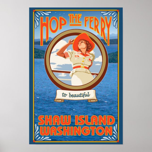 Poster Mulher Andando Ferry - Ilha Shaw, Washington (Frente)