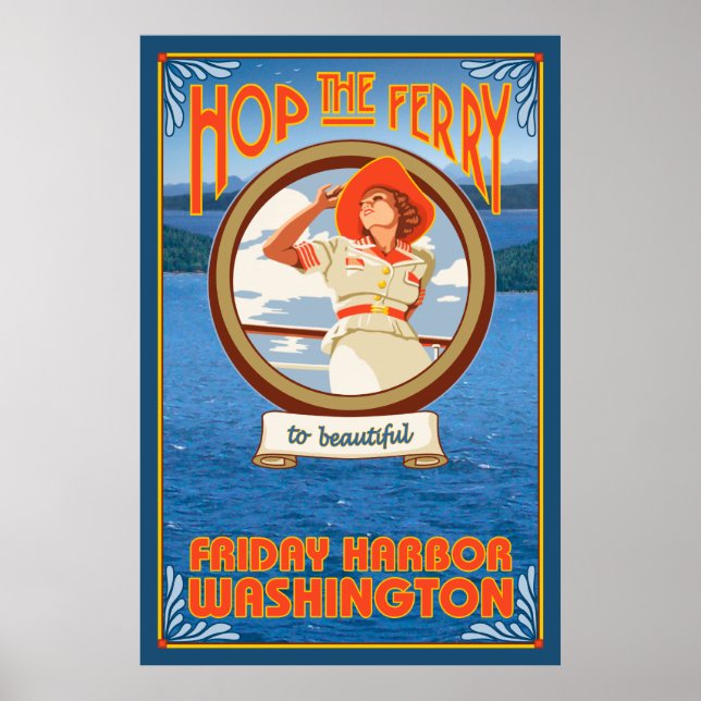Poster Mulher Andando Ferry - Sexta-feira Harbor, Washing (Frente)