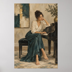 Poster Mulher ao Piano Figurativo Contemporâneo Elegante