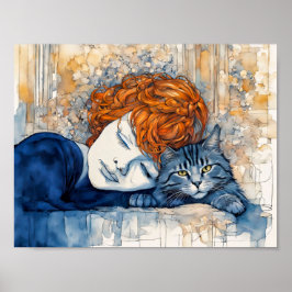 Poster Mulher Aquarela Dormindo com Gato
