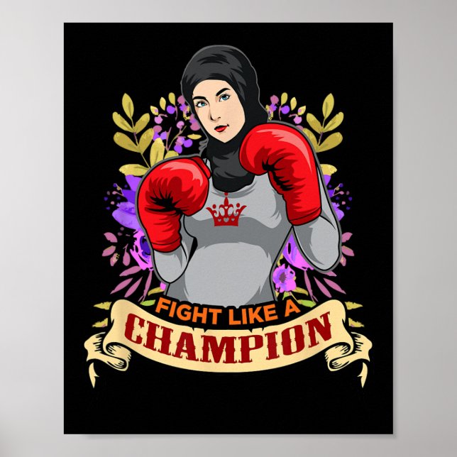 Poster Mulher Árabe Empoderada com Hijab Boxe Kickboxing  (Frente)