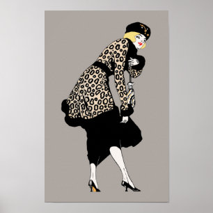Pôster Mulher Art Déco Vintage com Casaco Estampado de Le