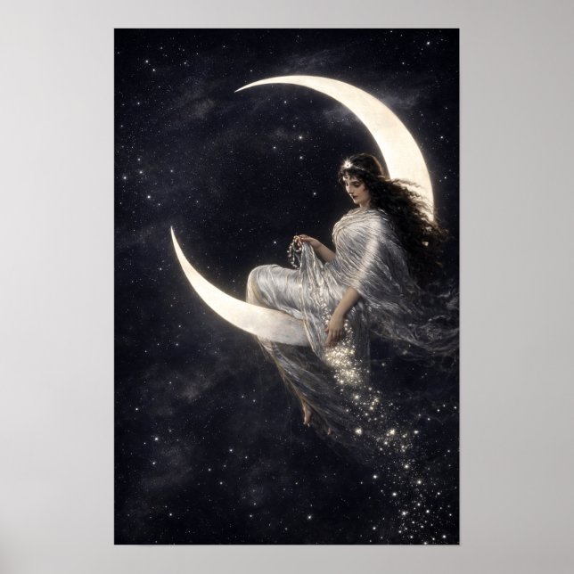 Poster Mulher Art Nouveau Celestial na Lua Crescente (Frente)
