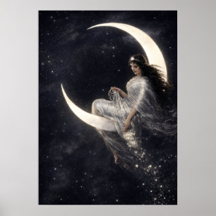 Poster Mulher Art Nouveau Celestial na Lua Crescente