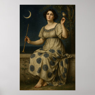 Poster Mulher Art Nouveau com Clarinete e Lua Crescente