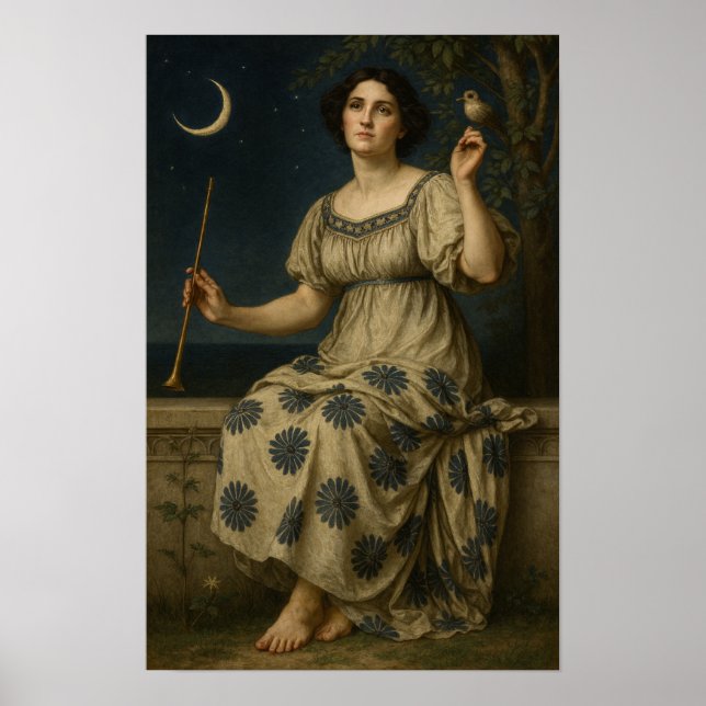 Poster Mulher Art Nouveau com Clarinete e Lua Crescente (Frente)