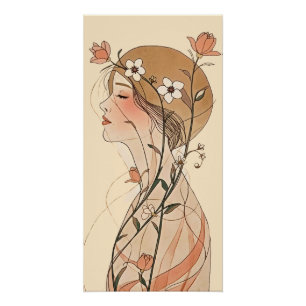 Pôster Mulher Art Nouveau com flores da primavera