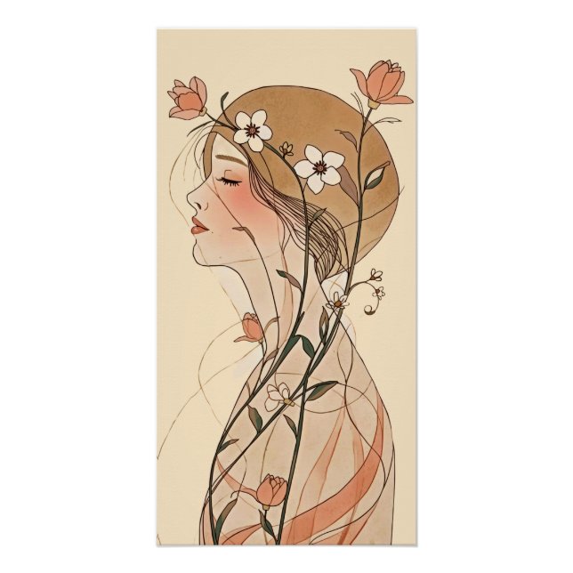 Pôster Mulher Art Nouveau com flores da primavera  (Frente)
