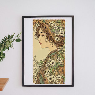 Pôster Mulher Art Nouveau com flores da primavera