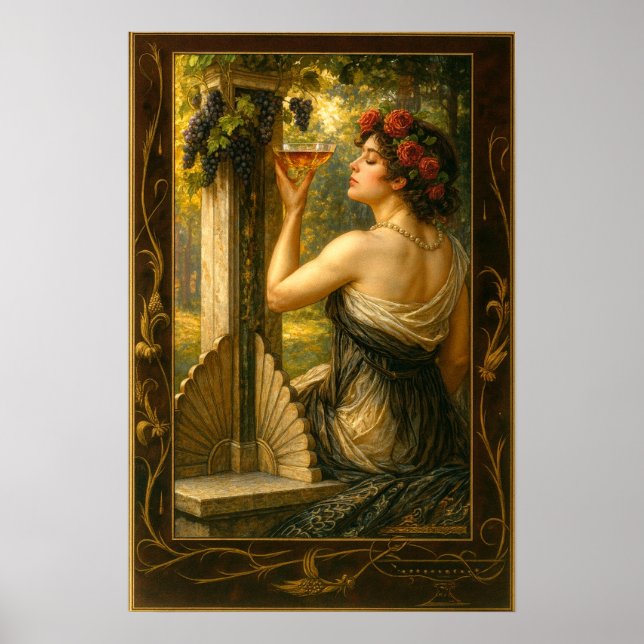 Poster Mulher Art Nouveau em Vinha com Vinho (Frente)