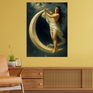 Poster Mulher Art Nouveau montada numa lua crescente