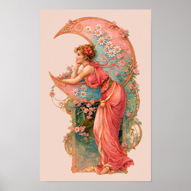 Poster Mulher Art Nouveau Retrô & Lua Crescente (Frente)
