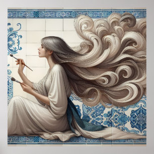 Poster Mulher Artista Elegante - Ilustração de Arte Azule